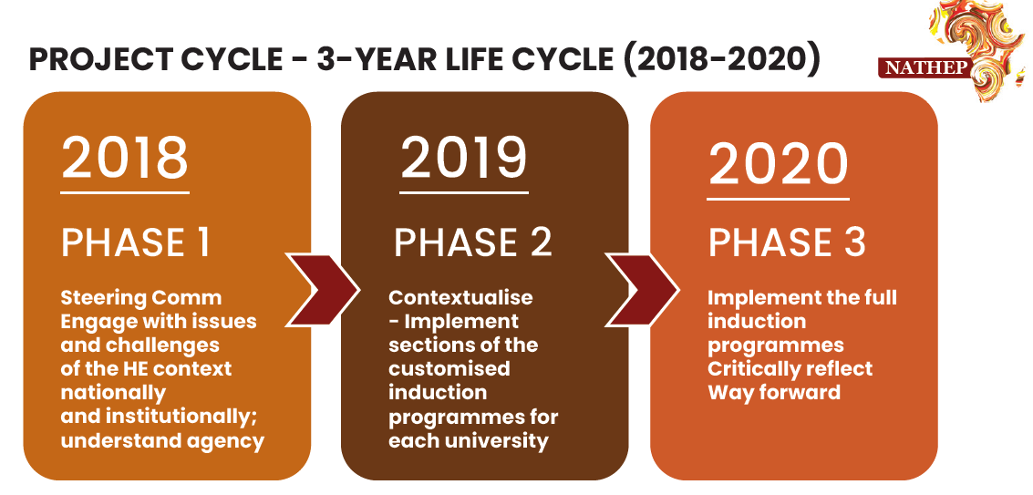 A timeline-style diagram illustrating the three-year NATHEP project cycle from 2018 to 2020, divided into three phases.