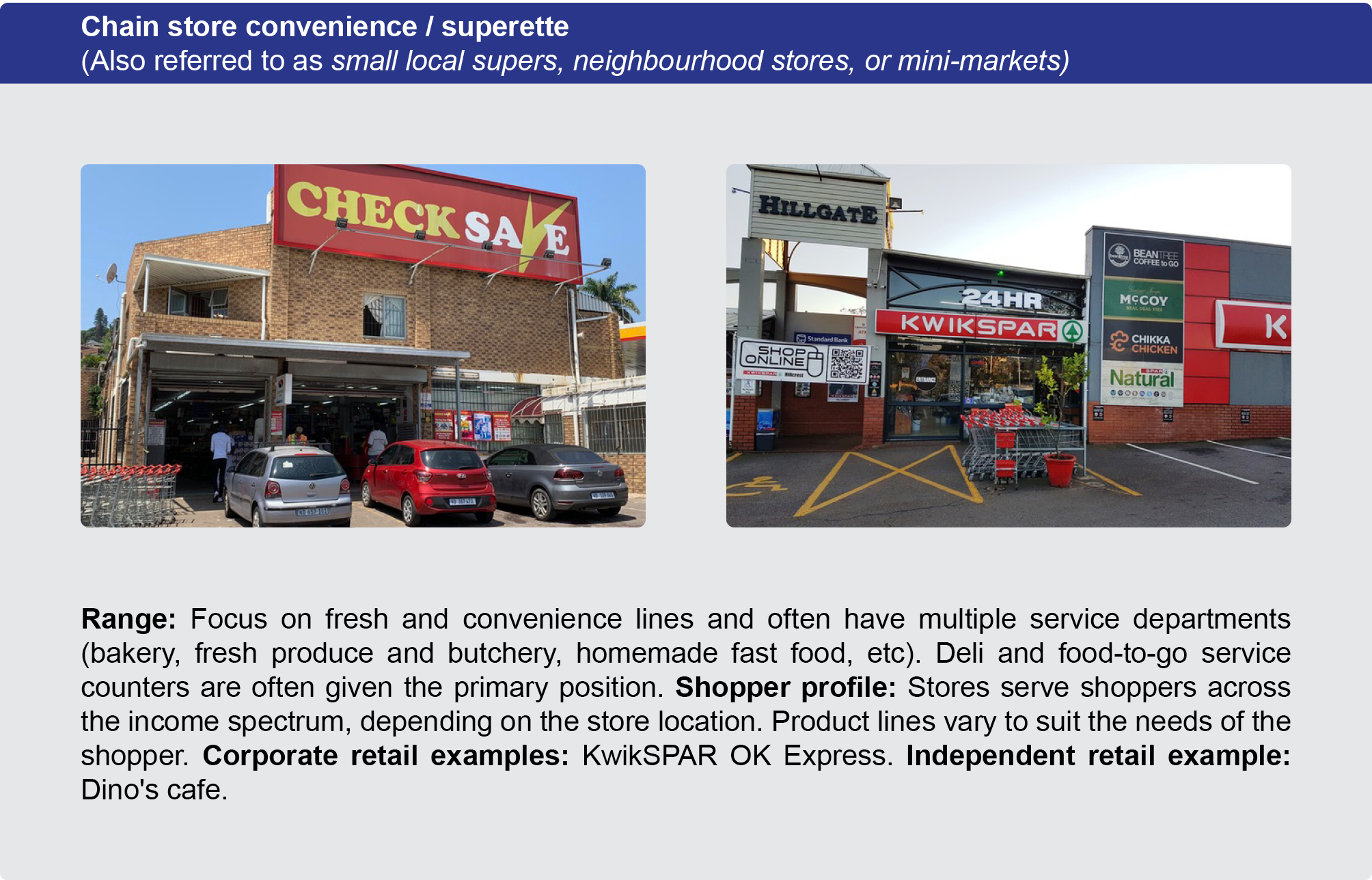 Chain store convenience/ superette (Also referred to as small local supers, neighbourhood stores, or mini-markets)