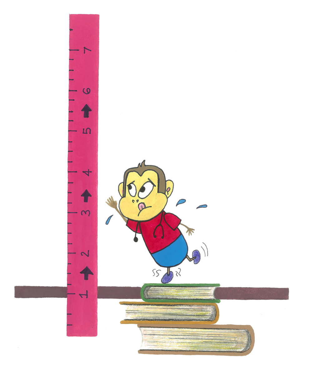 Illustration showing doctor standing on pile of books and stretching up to seem taller, while being measured against a ruler