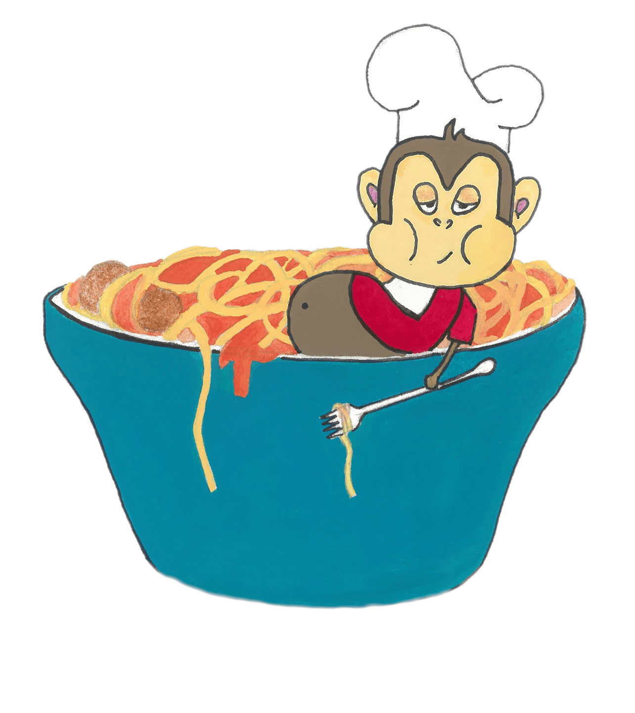 Illustration showing paediatrician lying inside bowl of pasta, looking very full but still eating