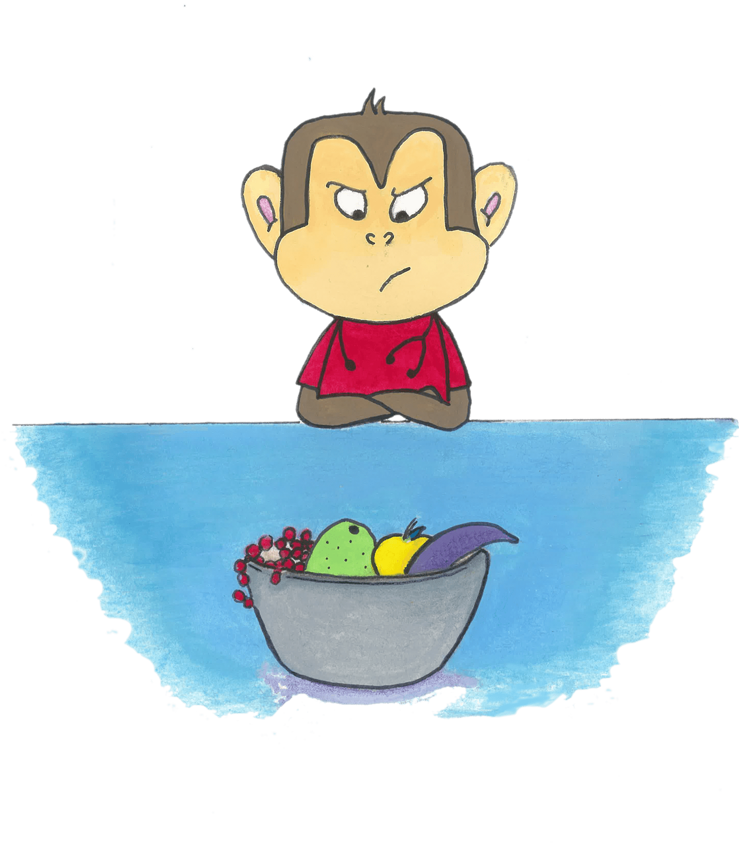 Illustration showing paediatrician looking crossly at a big bowl of healthy fruit