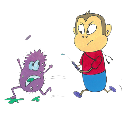 Illustration showing doctor chasing germ with a syringe