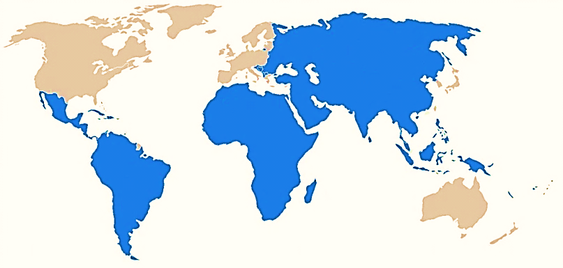 Figure 1 showing map of the world with developing countries shown in blue and developed countries shown in beige, visually demonstrating that the developing countries represent the majority of the world’s landmass.