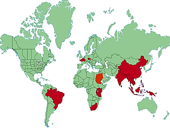 Map of world showing countries with high incidence and mortality from oral cancer in brown: includes Brazil, South Africa, India, China and much of southeast Asia.