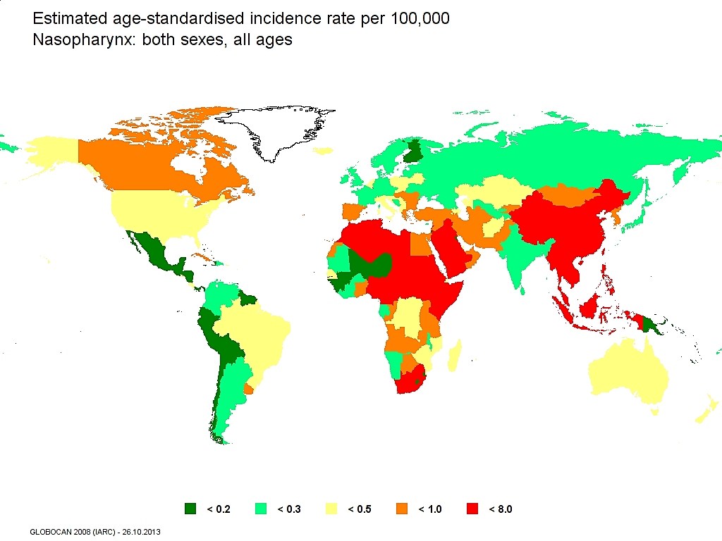 Map of world showing estimated age-standardised incidence rate of nasopharyngeal carcinoma per 100000 people