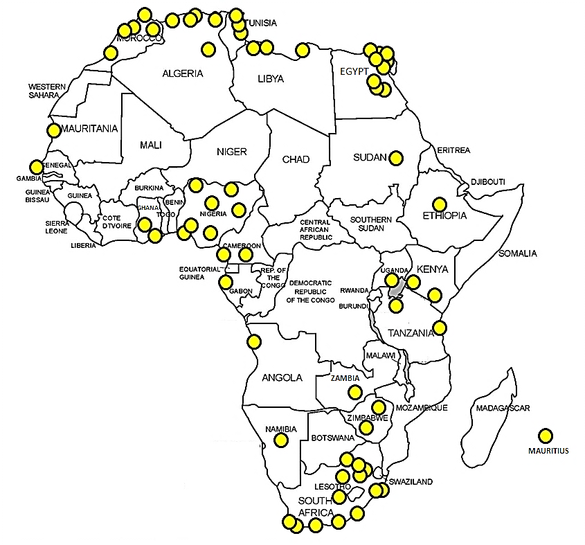 Map of Africa showing available radiation therapy services.