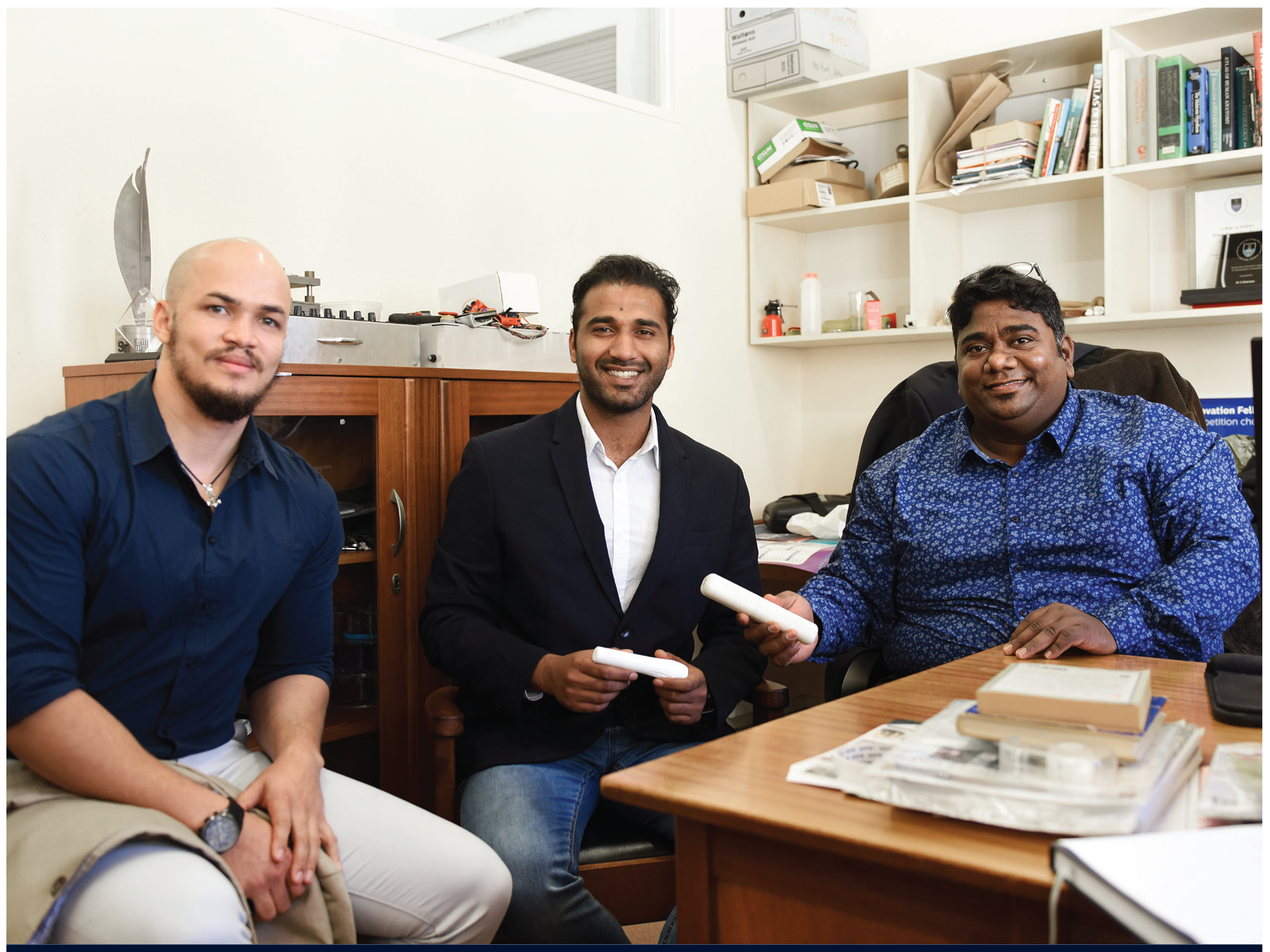 Prof Sudesh Sivarasu, Gokul Nair and Giancarlo Beukes working on the ZiBiPen