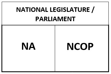 The following table demonstrates that the national legislature or parliament is divided into the national assembly (NA) and the national council of provinces (NCOP).The heading, national legislature or parliament, is above two columns. The first column under the heading contains ‘NA’ and the second column under the heading contains ‘NCOP’.